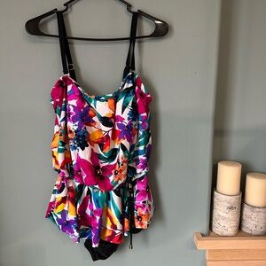 Maxine Of Hollywood Womens Size 14 Tropical Floral Peplum One Piece Swimsuit